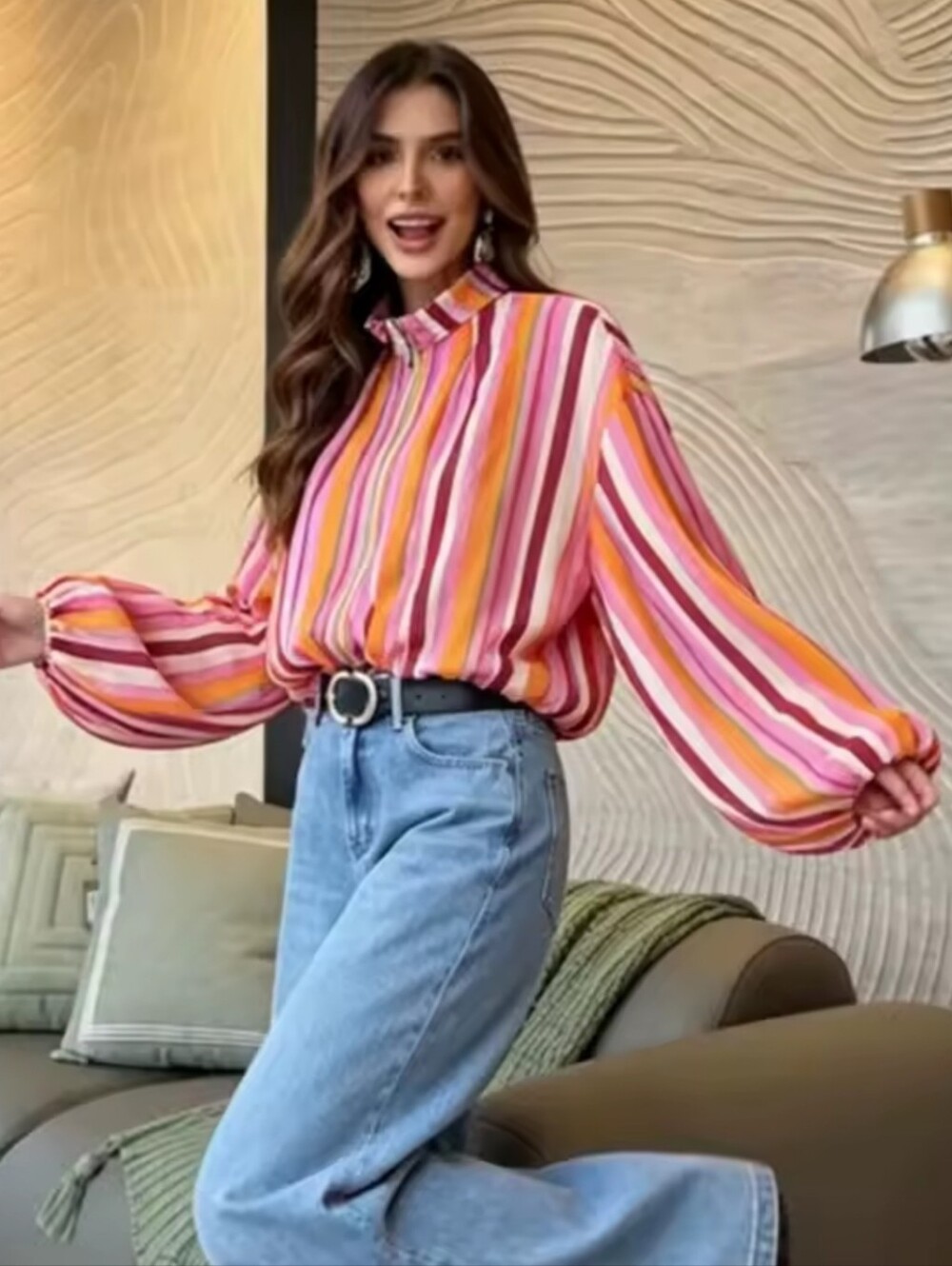 Women's Pink Multi-Stripe High-Neck Balloon Sleeve Top - Picture 2 of 7